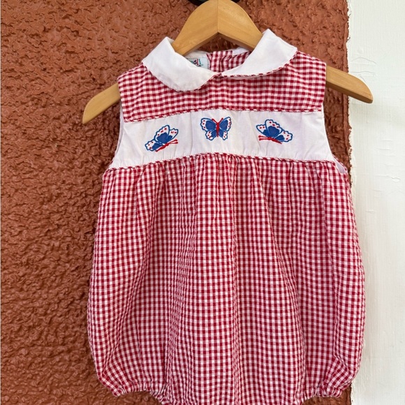 VTG Small Steps 24 Months Baby Girl Romper One Piece Red White Gingham Butterfly - Picture 1 of 4